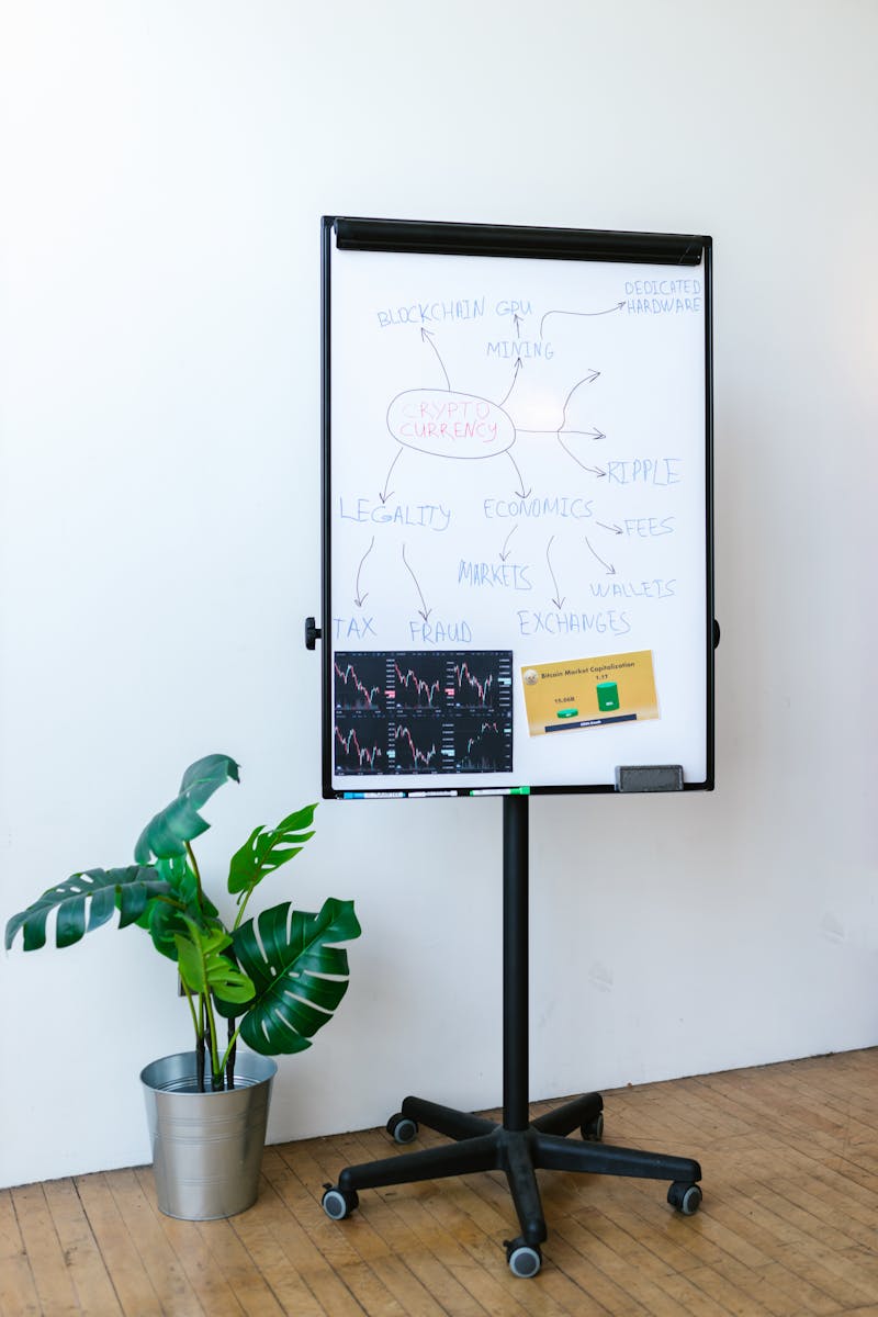Whiteboard with cryptocurrency concepts and charts in a modern office.