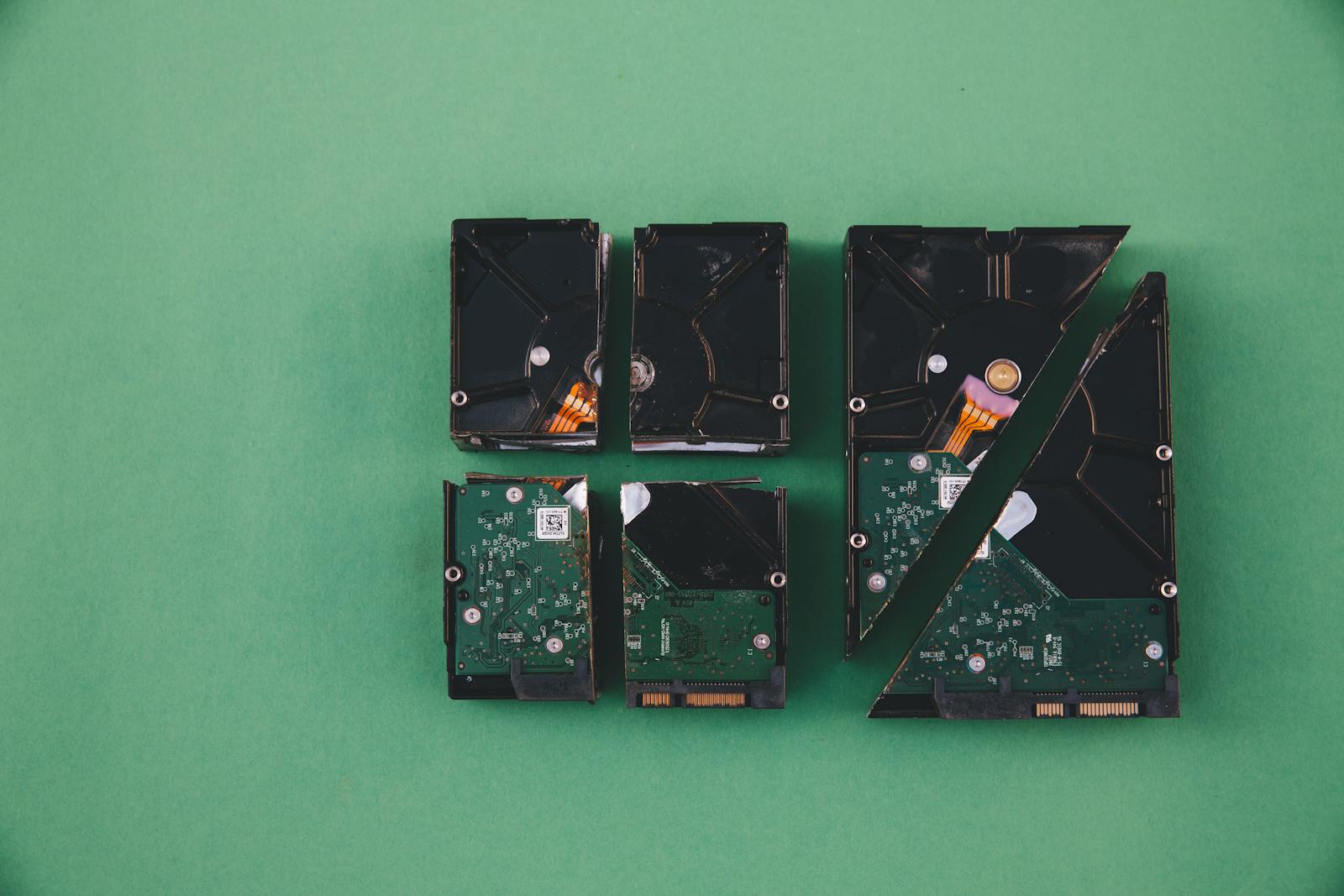 Four broken hard drives arranged on a green background, showcasing data destruction.